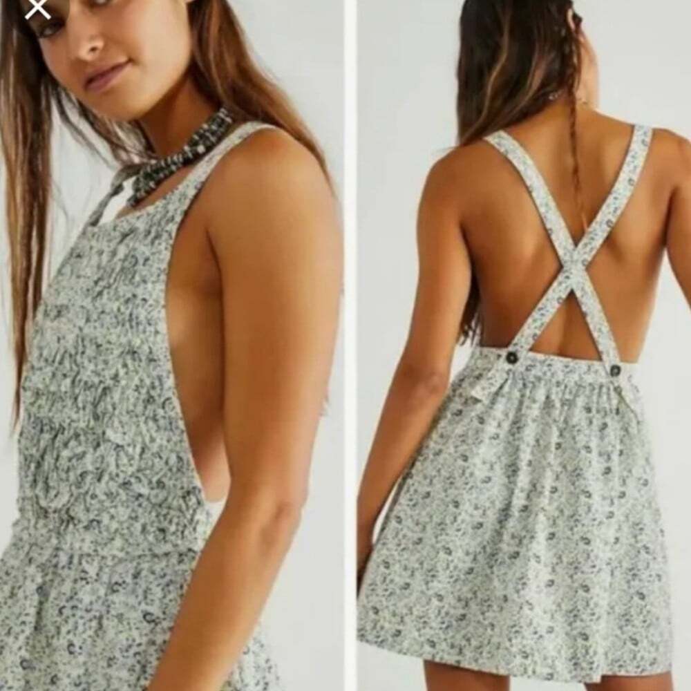 NWT Free People Petunia Mini Dress XS Blue Floral Cottagecore Boho Prairie Dress